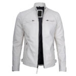 Men's Quilted Shoulder White Cafe Racer Leather Jacket